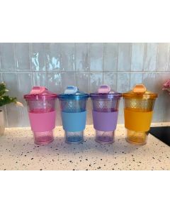 Double Wall Plastic Tumbler Set Reusuable with Enclosed Pop Up Straw