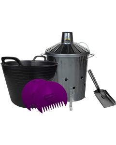 Galvanised Incinerator, Mini Shovel, 42L Flexi Tub and Plastic Leaf Grabber Set