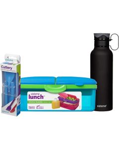  Slimline Quaddie Lunchbox, Cutlery Set & Insulated Drinks Bottle