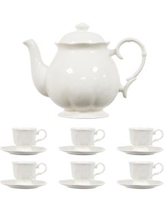 simpa 14PC Porcelain White Tea Set: Teapot with Lid, 6 Tea Cups & 6 Saucers