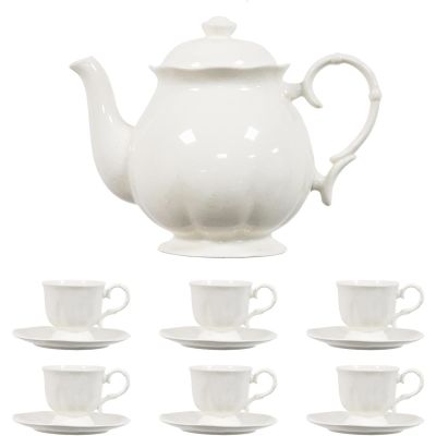 simpa 14PC Porcelain White Tea Set: Teapot with Lid, 6 Tea Cups & 6 Saucers