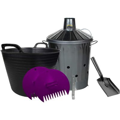 Galvanised Incinerator, Mini Shovel, 42L Flexi Tub and Plastic Leaf Grabber Set