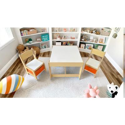 Children's Wooden Desk & Set of 2 Storage Drawer Chairs