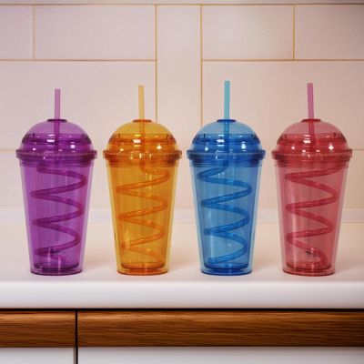 Assorted Colours Double Wall Plastic Tumbler Set with Reusable Straw