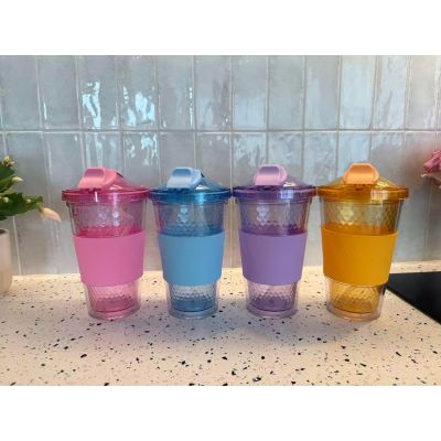 Double Wall Plastic Tumbler Set Reusuable with Enclosed Pop Up Straw