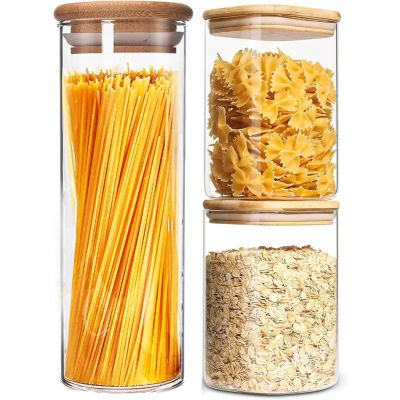 Round Glass Storage Jar with Airtight Bamboo Lids Mix Size