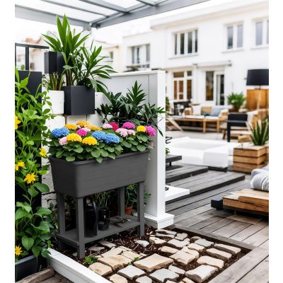 Double-Tiered Raised Bed Grey Plastic Trough Planter Long Pot