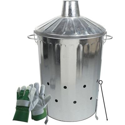 Galvanised Incinerator, Poker and Pair of Reinforced Rigger Gloves