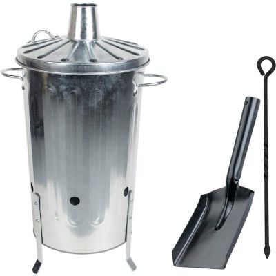 Garden Galvanised Metal Incinerator Fire Burning Bin + Ash Shovel & Poker