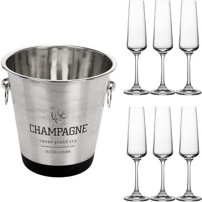 Bohemia Crystal Glass Champagne Flutes & Stainless Steel Champagne Ice Bucket Set