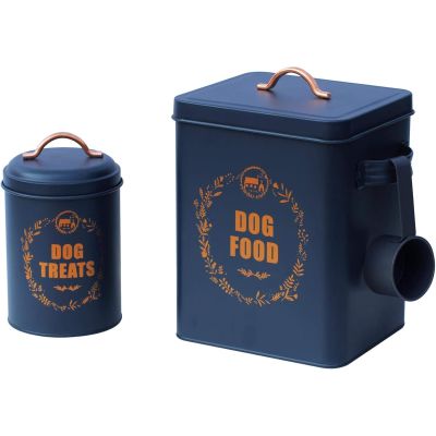 Royal Blue Metal Dog Food Storage Set with Gold Lettering Finish: Dog Food Tin, Dog Treats Tin & Serving Scoop