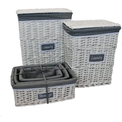 5 Piece White & Grey Woven Wicker Laundry Basket & Storage Hamper Set