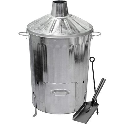 Galvanised Metal Locking Lid Incinerator with Door Hatch plus Shovel & Poker