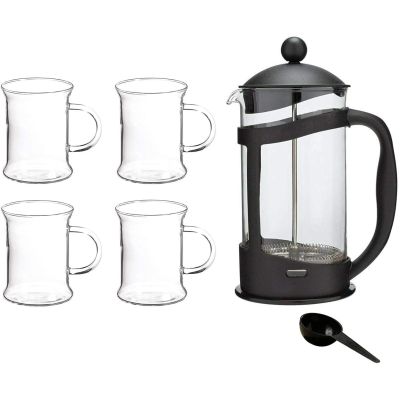 1 Litre Black Plastic Cafetiere French Press 8 Cup Coffee Pot & Glass Coffee Cups