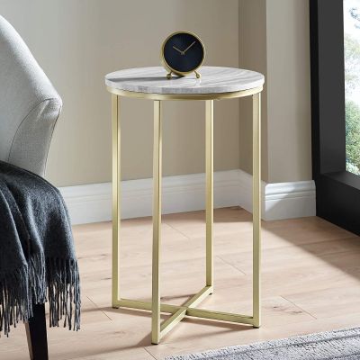 Walker Edison Modern Metal and Marble Round Side Accent Table