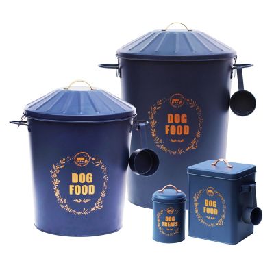 Royal Blue Metal Dog Food Storage Sets with Gold Lettering Finish