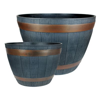 Rustic Style Dark Grey Plastic Half Barrel Cask Planters