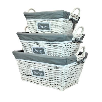 White Rattan Nesting Storage Baskets with Grey Liners