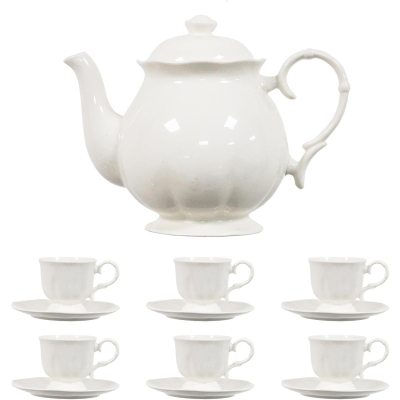 simpa 14PC Porcelain White Tea Set: Teapot with Lid, 6 Tea Cups & 6 Saucers
