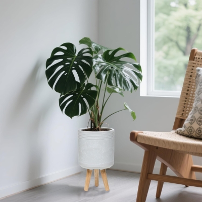 Contemporary Round Plastic Planter with Wooden Legs