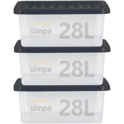 Stackable Underbed Plastic Storage Box with Black Lid 28L