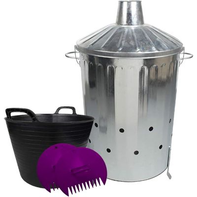 Galvanised Locking Lid Incinerator, 42L Flexi Tub and Leaf Grabber Set