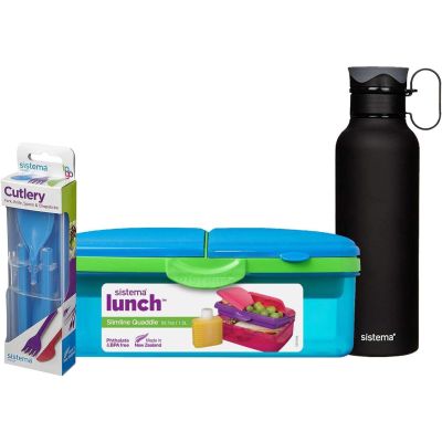  Slimline Quaddie Lunchbox, Cutlery Set & Insulated Drinks Bottle