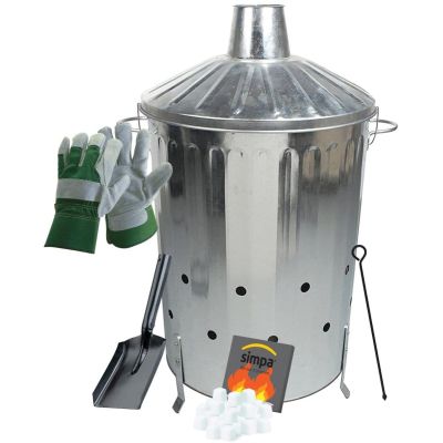 Garden Waste Burning Kit: 90L Incinerator, Firelighters, Poker, Shover & Rigger Gloves Set