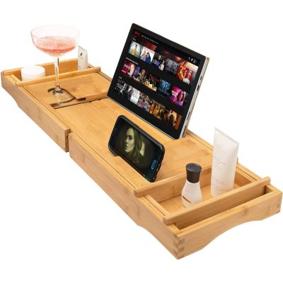 Natural Bamboo Bath Tub Multifunction Extendable Caddy Tray