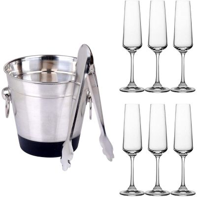 Bohemia Crystal Glass Champagne Flutes & Stainless Steel Ice Bucket and Tongs Set