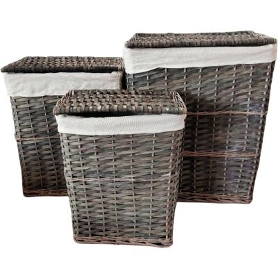 Rectangular Willow Wicker Linen Laundry Storage Basket Hamper Set with Lid