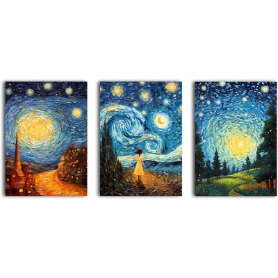 3 Panel Canvas Wall Art Van Gogh Inspired Starry Night